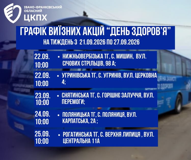 Графік виїзних акцій «День здоров’я» на Прикарпатті з 21 по 27 вересня 2026 року